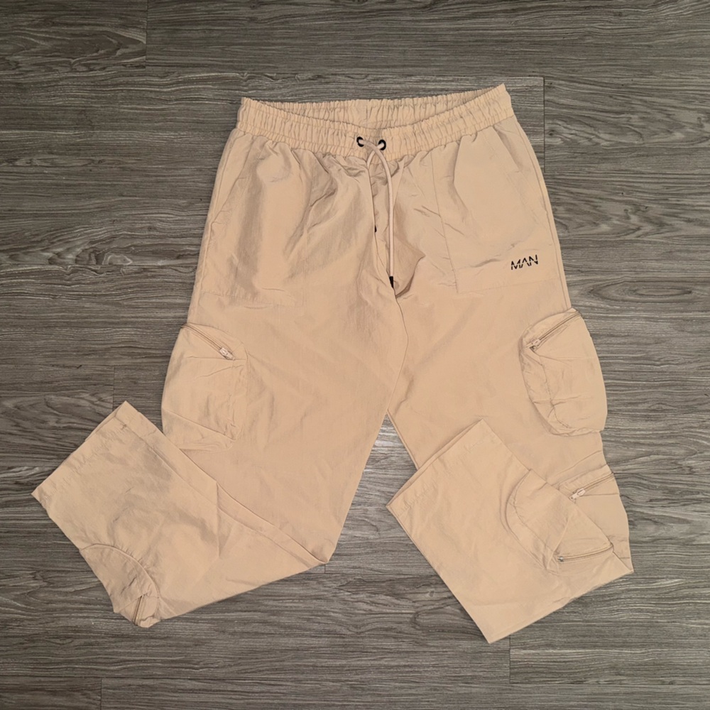 BOOHOO Man Pants Cream XL Lightweight Cargo Utility Drawstring Pockets